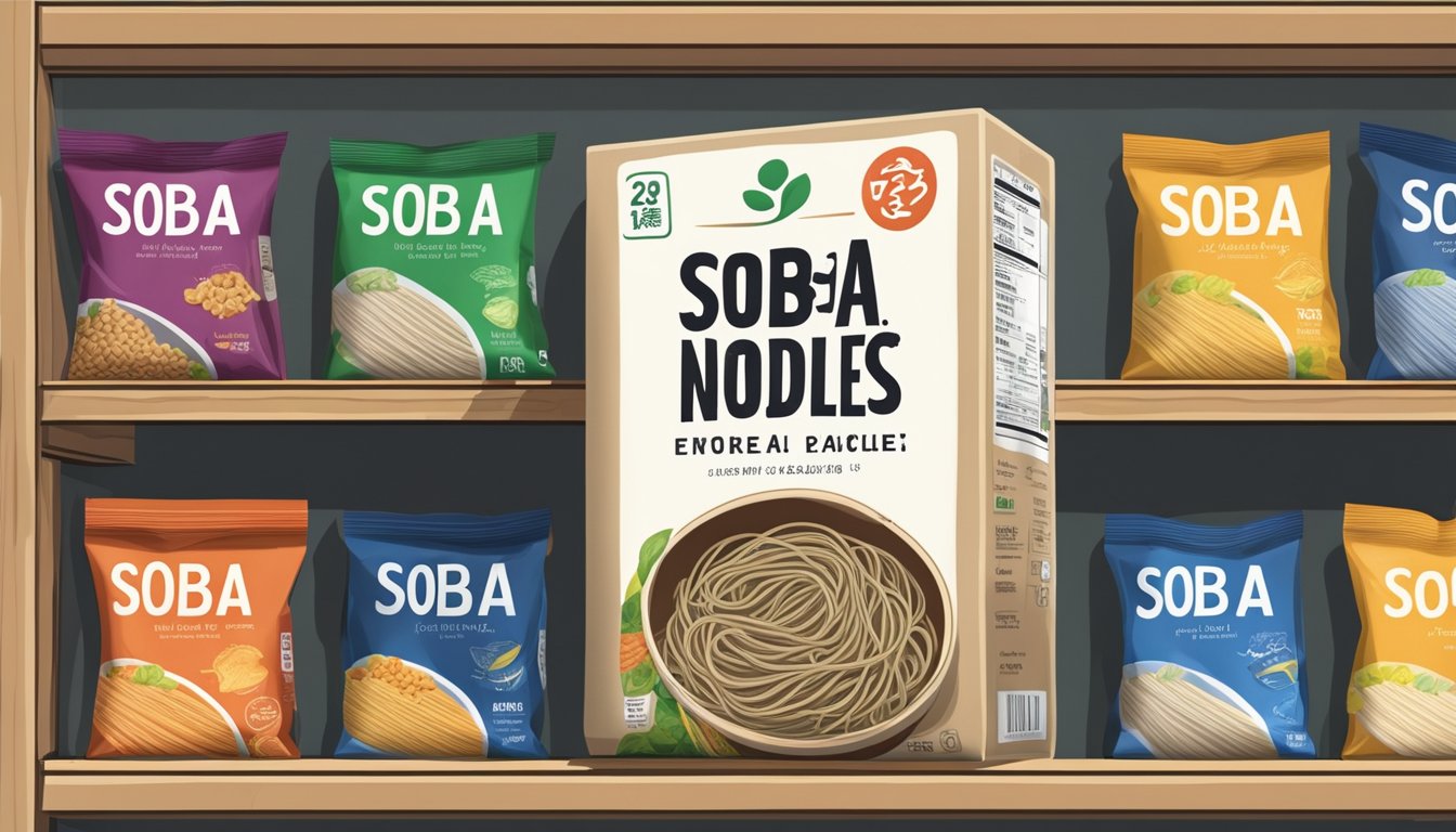 A package of soba noodles left unopened on a pantry shelf, with a visible expiration date