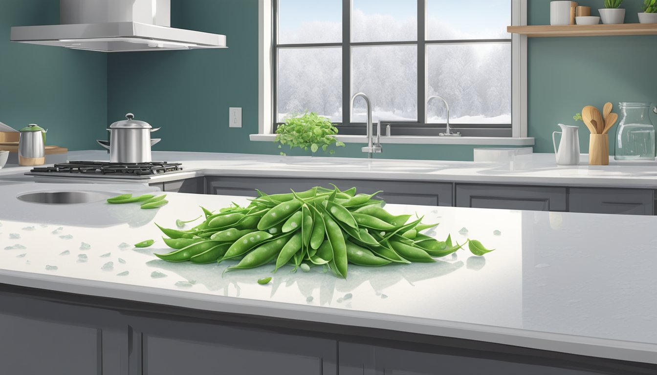 A pile of fresh snow peas sits on a clean, white countertop, surrounded by scattered ice crystals. A calendar on the wall shows today's date