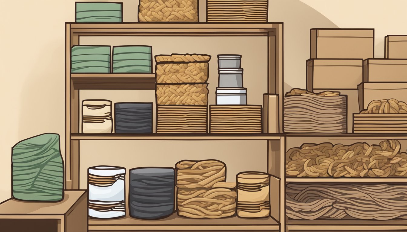 A package of uncooked soba noodles sits on a pantry shelf, surrounded by other dry goods