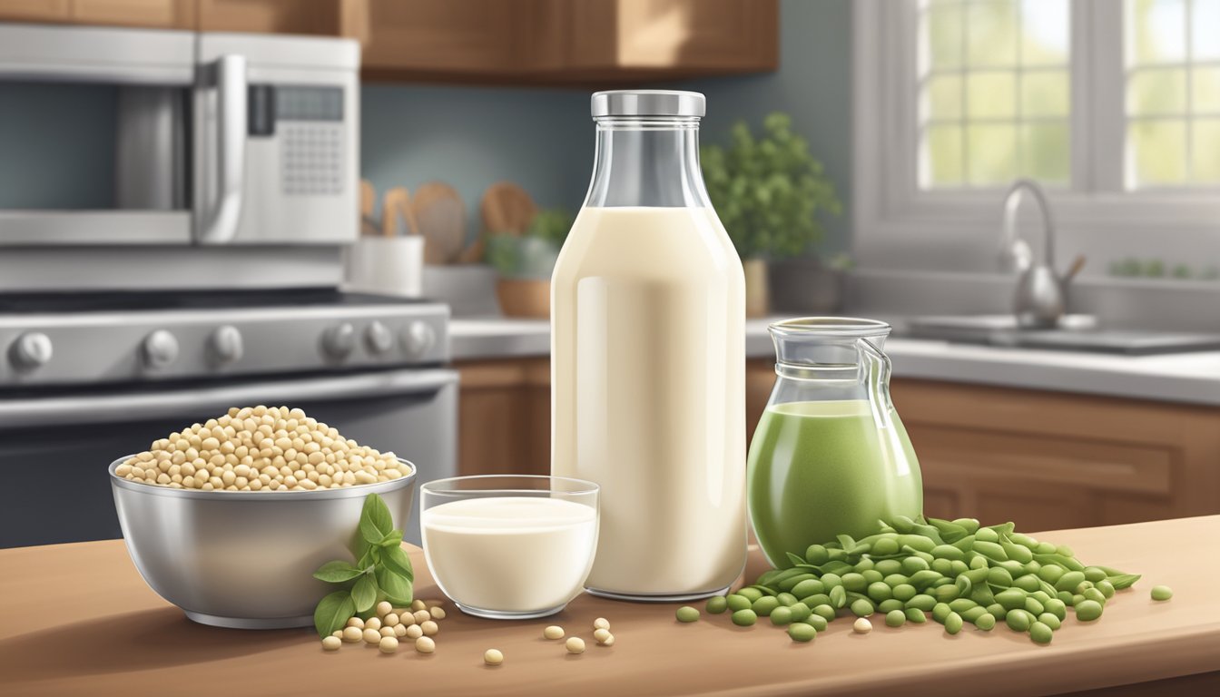 A glass bottle of Silk Soy Milk sits on a kitchen counter, surrounded by freshly made soy milk in a blender and a pile of soybeans