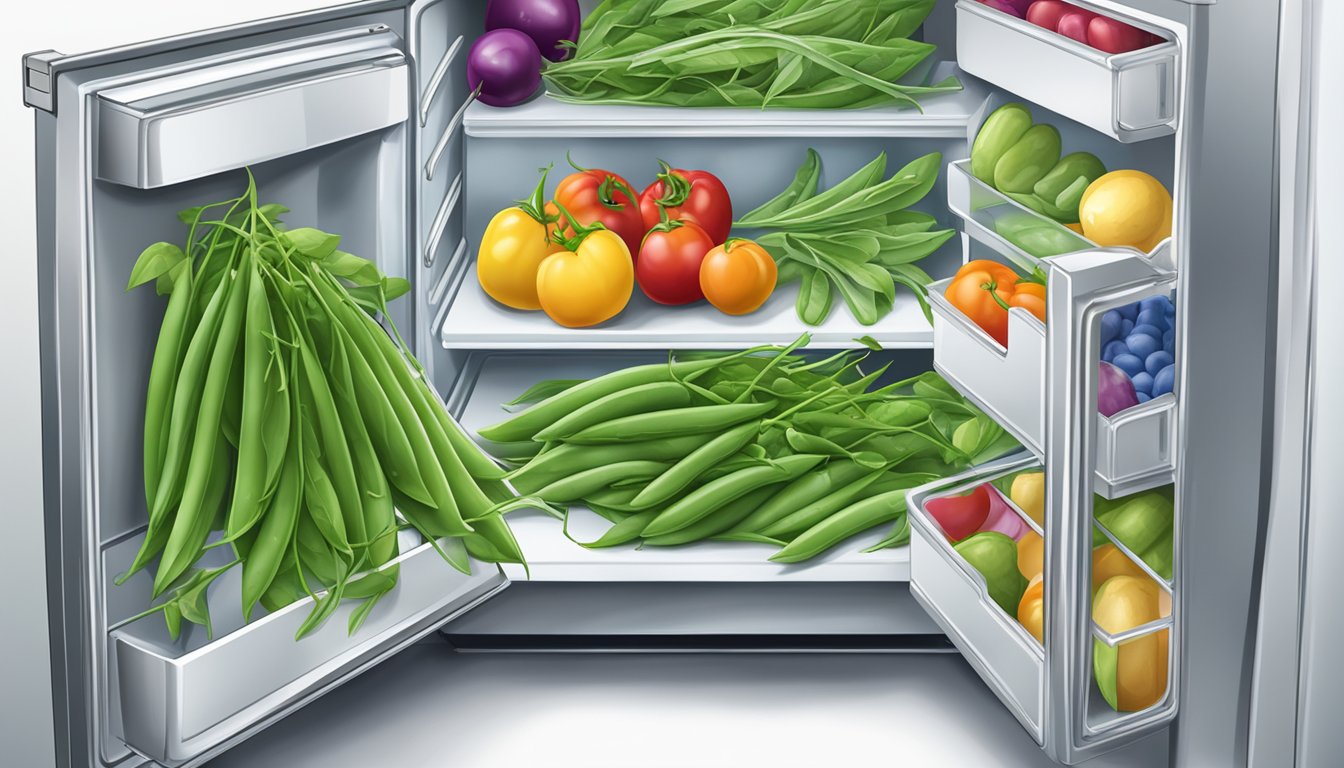 A bundle of fresh snow peas in a refrigerator, surrounded by other vegetables