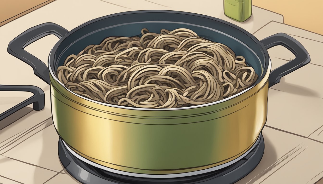 A bowl of cooked soba noodles left out on a kitchen counter, then being reheated in a pot on a stove