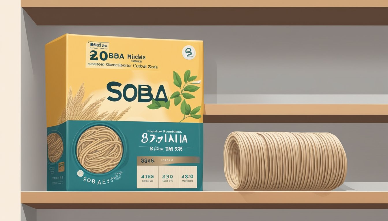 A package of uncooked soba noodles sits on a pantry shelf, with a best-by date clearly marked