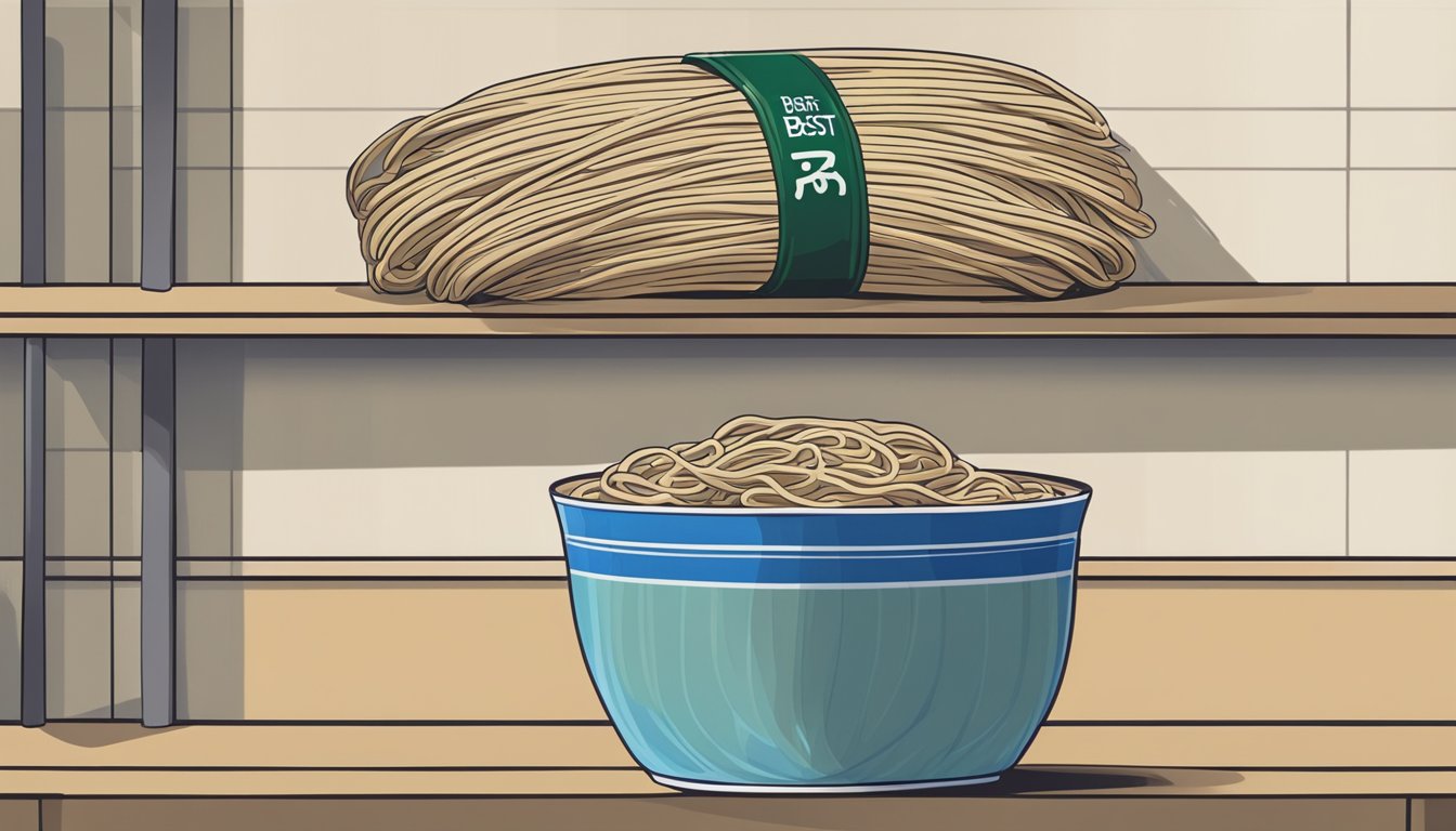 A package of uncooked soba noodles placed on a shelf with a "best by" date clearly visible. Nearby, a bowl of cooked soba noodles sits on a table, covered with plastic wrap