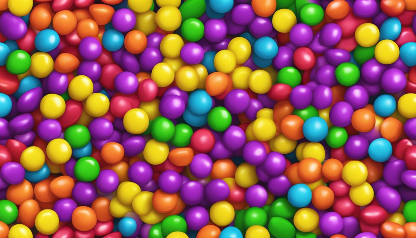 A colorful pile of Skittles sits on a bright, clean shelf. The packaging is intact, and the candies are arranged in a neat row