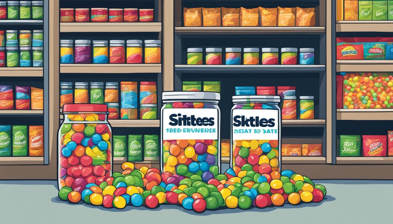 A jar of Skittles sits on a shelf next to a "best by" date label. The jar is sealed and surrounded by other non-perishable snacks