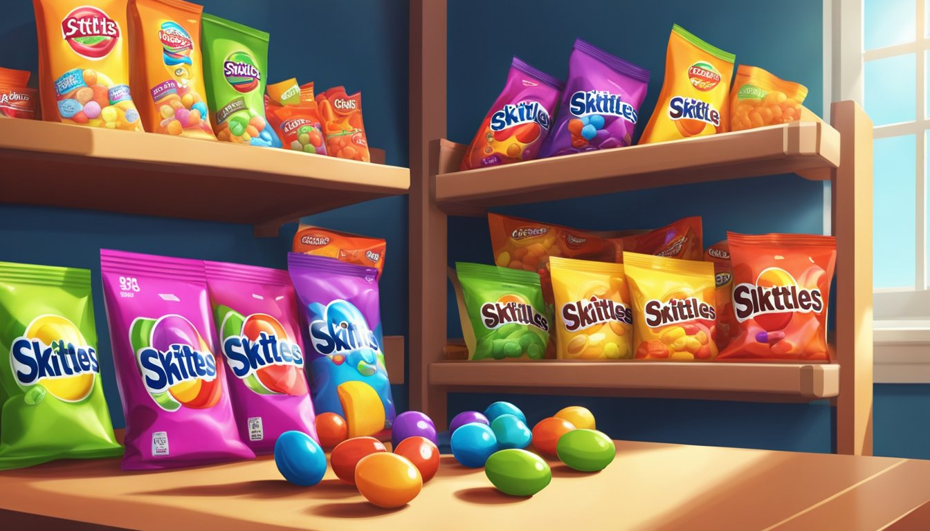 A colorful pack of Skittles sits on a shelf, surrounded by other snacks. The room is bright and inviting, with sunlight streaming in through a nearby window