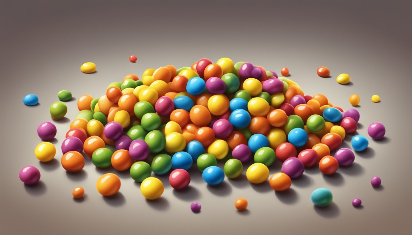 A pile of colorful Skittles scattered on a kitchen counter, some with cracked shells and discolored centers