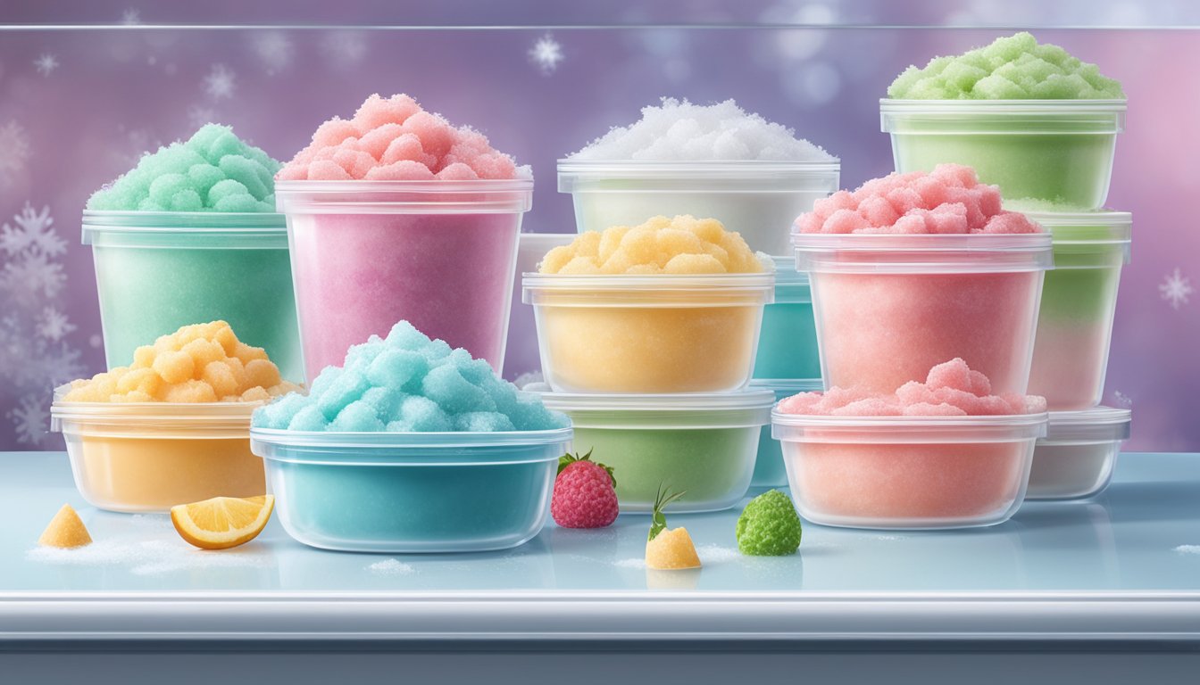 A sealed container of sorbet mix sits in a freezer next to other frozen desserts. Ice crystals form on the lid