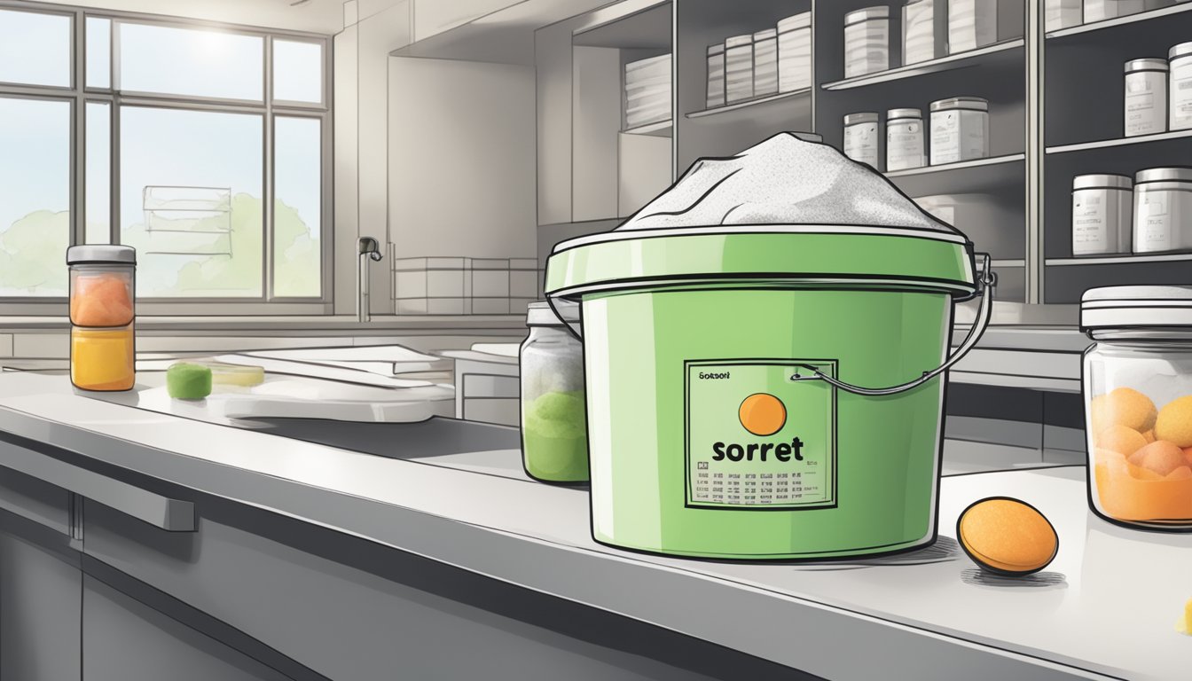 A tub of sorbet mix sits on a shelf next to a calendar, with the expiration date circled in red