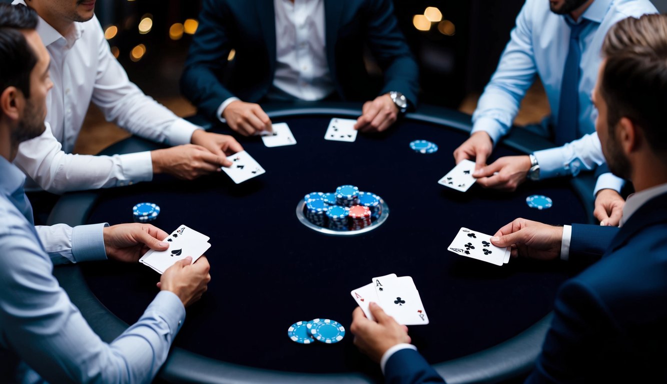 Sekelompok pemain duduk di sekitar meja, masing-masing memegang sekumpulan kartu, dengan chip poker dan tombol dealer di tengahnya