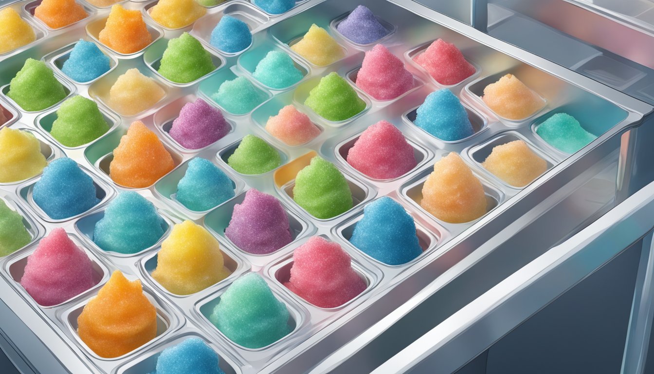 A container of sorbet mix sits on a shelf, transitioning from frozen to thawed. Ice crystals form on the surface as it begins to melt