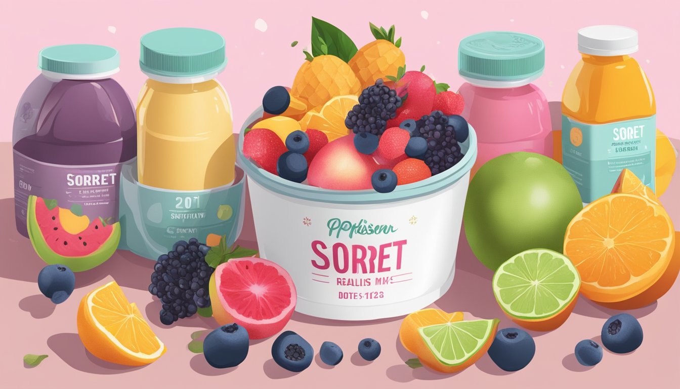 A container of sorbet mix sits on a kitchen counter, surrounded by various fruits and ingredients. The container is labeled with an expiration date