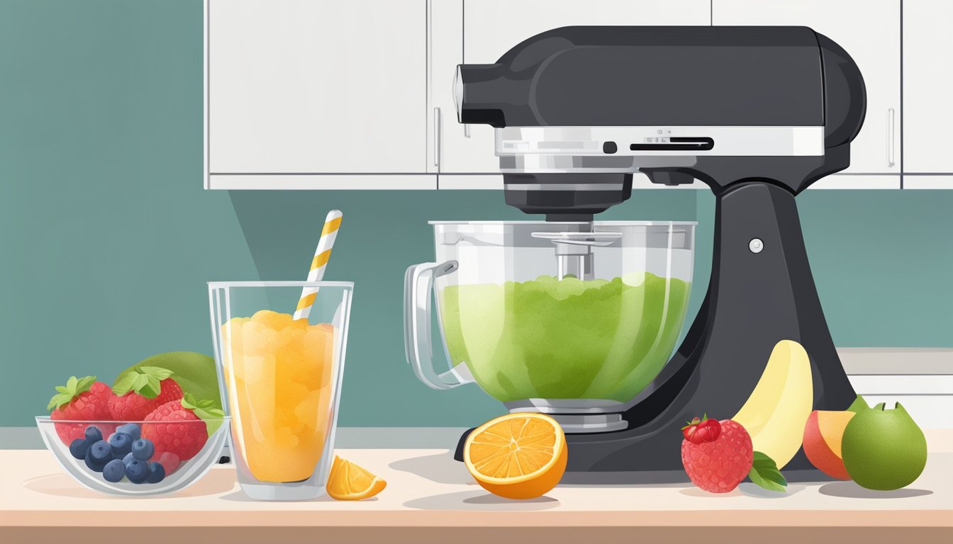 A bowl of sorbet mix sits on a kitchen counter, surrounded by fresh fruit and a blender. A hand pours the mixture into a container for freezing