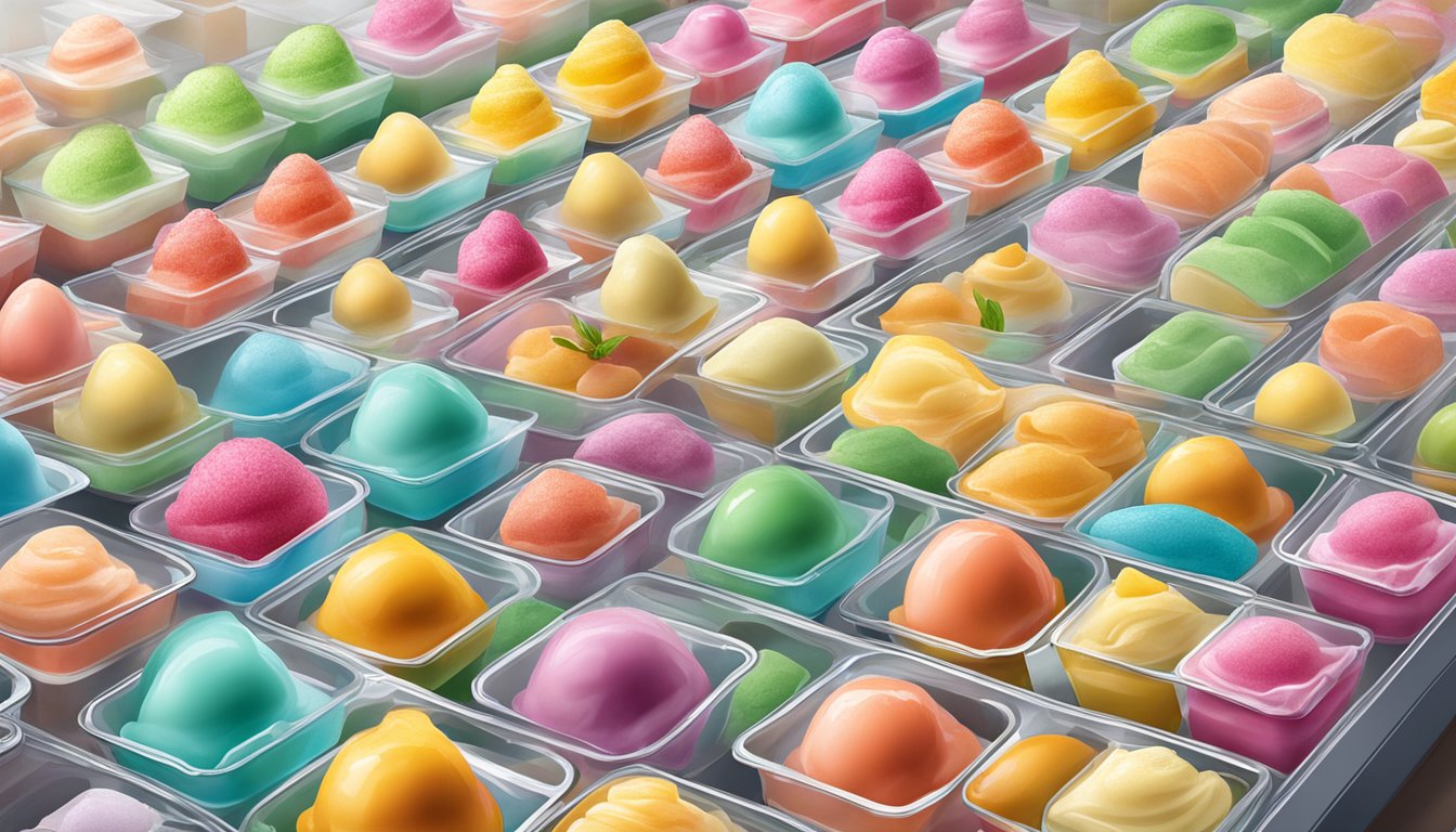 A freezer shelf filled with various flavors of sorbet mix in tightly sealed containers