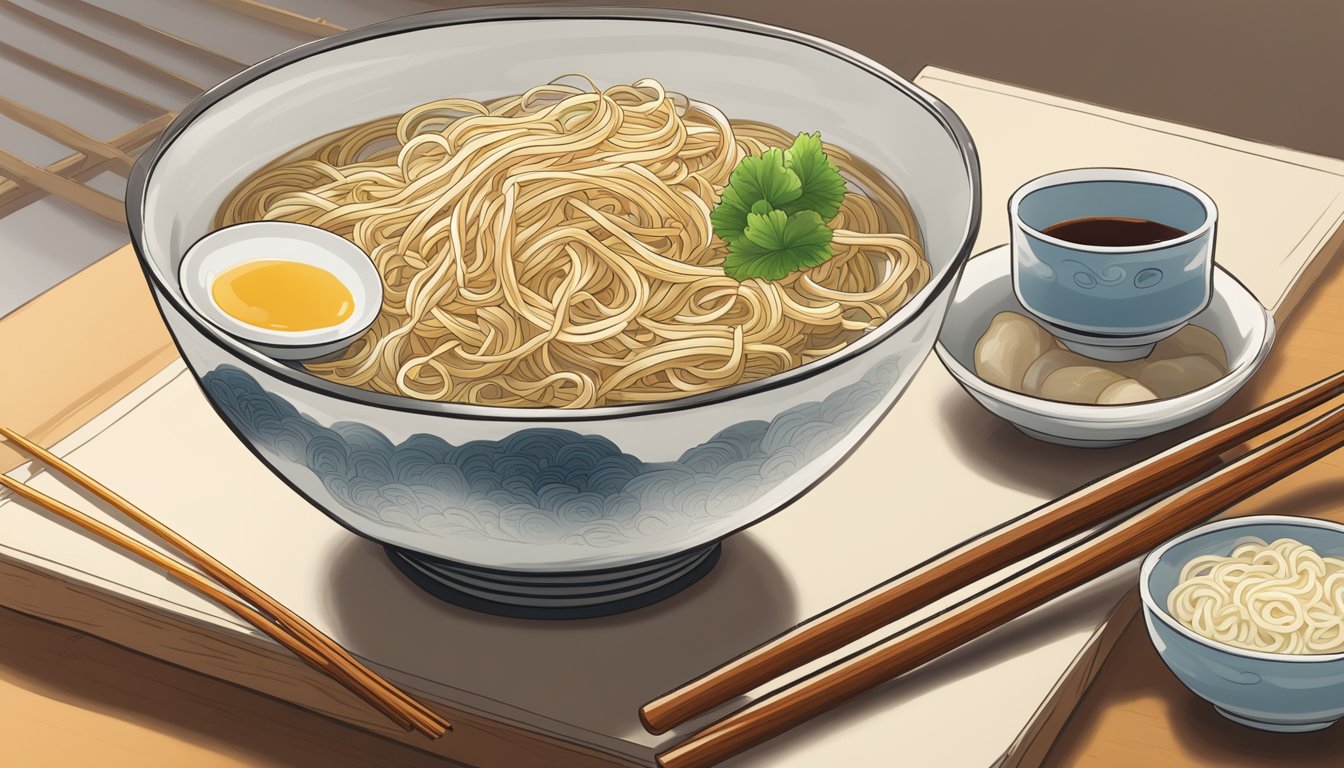 A bowl of somen noodles sits on a wooden table, surrounded by chopsticks and a small dish of dipping sauce