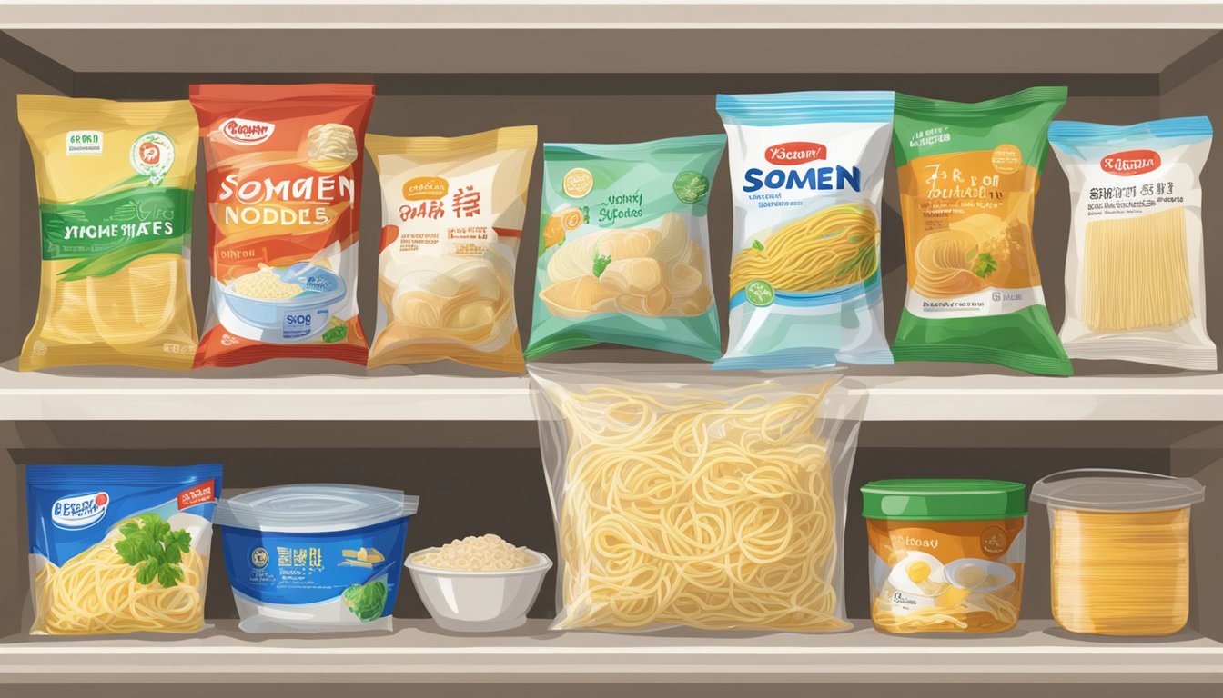 A package of somen noodles sits on a kitchen shelf, surrounded by other pantry items. The noodles are uncooked and sealed in a clear plastic wrapper