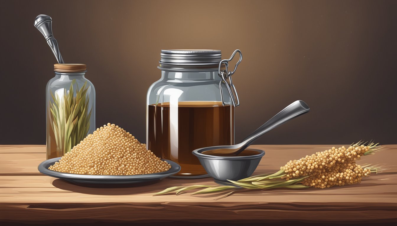 A jar of sorghum syrup sits on a rustic wooden table, surrounded by stalks of sorghum and a vintage metal ladle