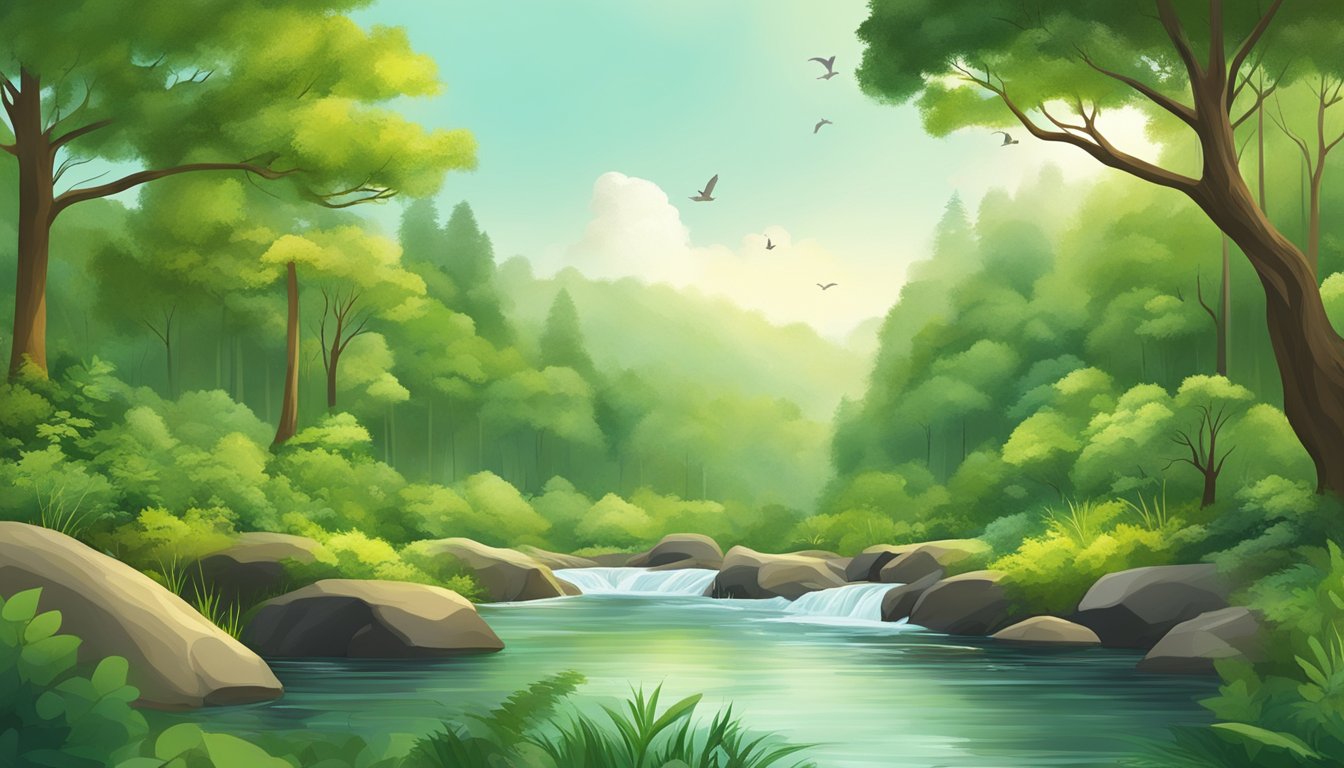 A lush green forest with diverse wildlife, clear skies, and a flowing river, showcasing a healthy and sustainable environment