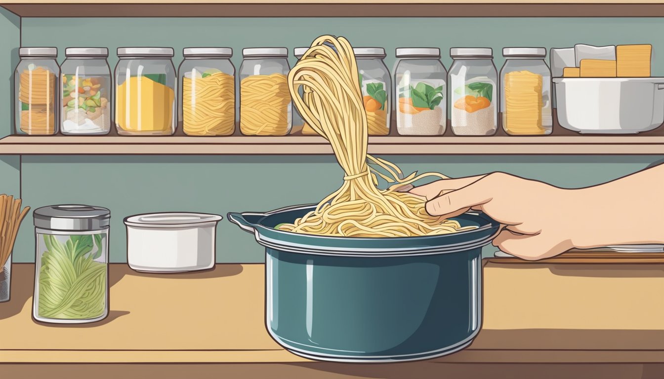 A hand reaching for a package of uncooked somen noodles on a pantry shelf, with a pot of boiling water on the stove in the background