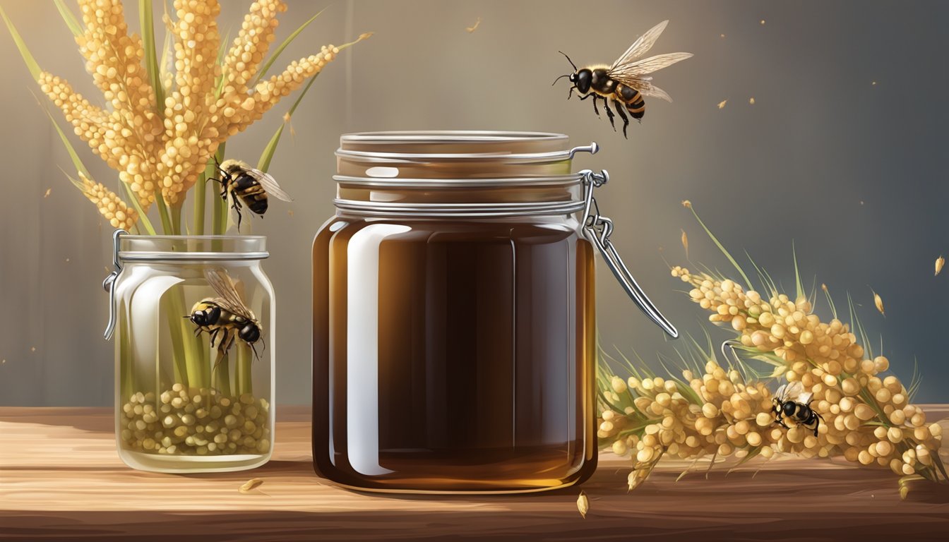 A glass jar of sorghum syrup on a rustic wooden shelf, surrounded by stalks of sorghum and a few bees buzzing around