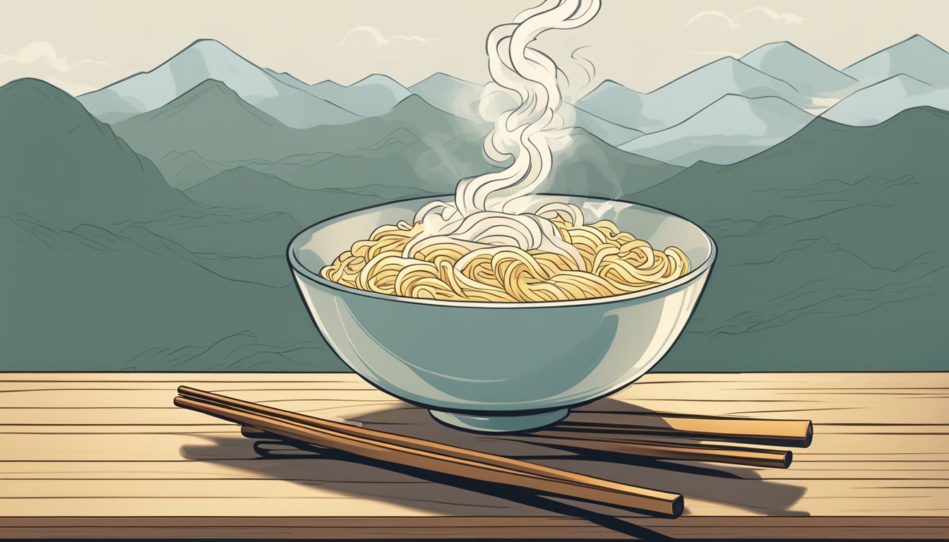 A bowl of somen noodles sits on a wooden table with chopsticks nearby. Steam rises from the noodles, indicating they are freshly cooked