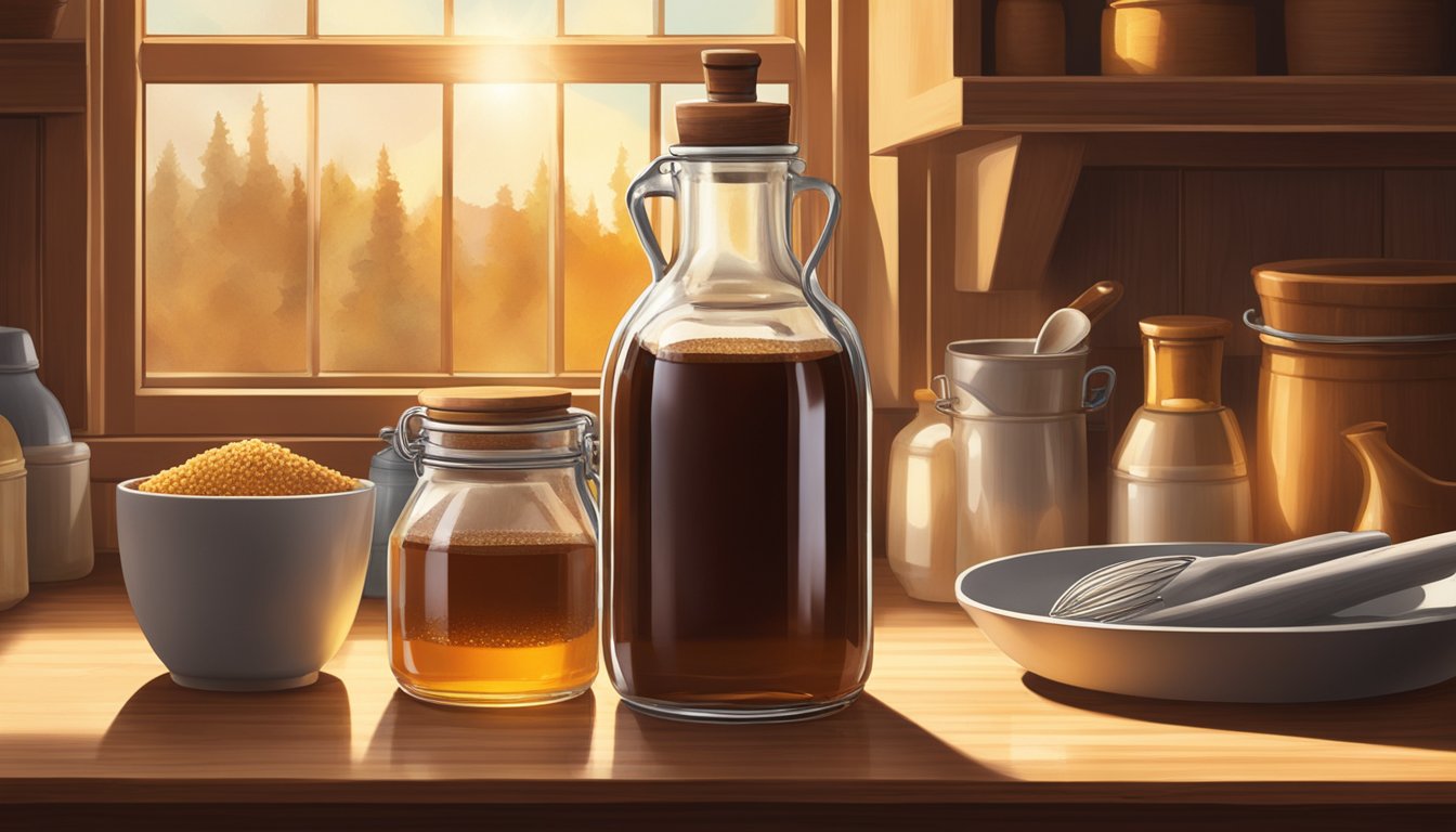 A jar of sorghum syrup sits on a wooden kitchen counter, surrounded by baking ingredients and utensils. The warm glow of sunlight filters through a nearby window, highlighting the rich amber color of the syrup