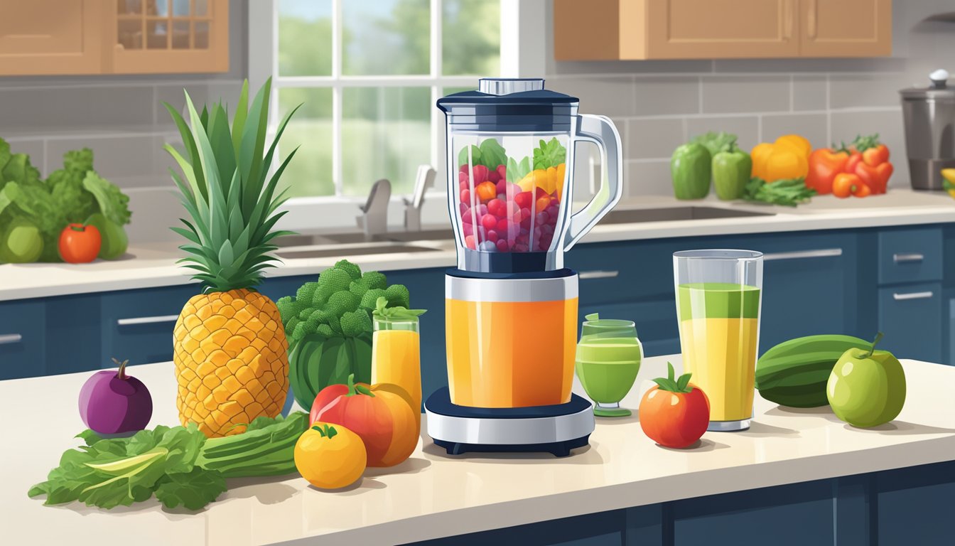 A colorful array of fresh fruits and vegetables, a blender, and a glass jar filled with a vibrant smoothie sitting on a kitchen counter