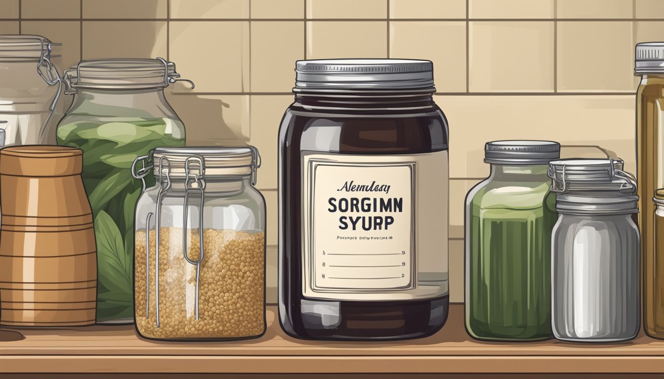 A jar of sorghum syrup sits on a shelf next to neatly arranged canning supplies, with a calendar showing the current date