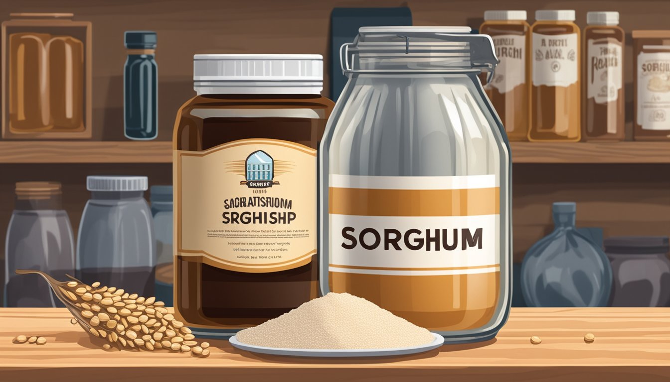 A jar of sorghum syrup sits on a wooden shelf, surrounded by other sorghum products like flour and grains. The label on the jar indicates the expiration date