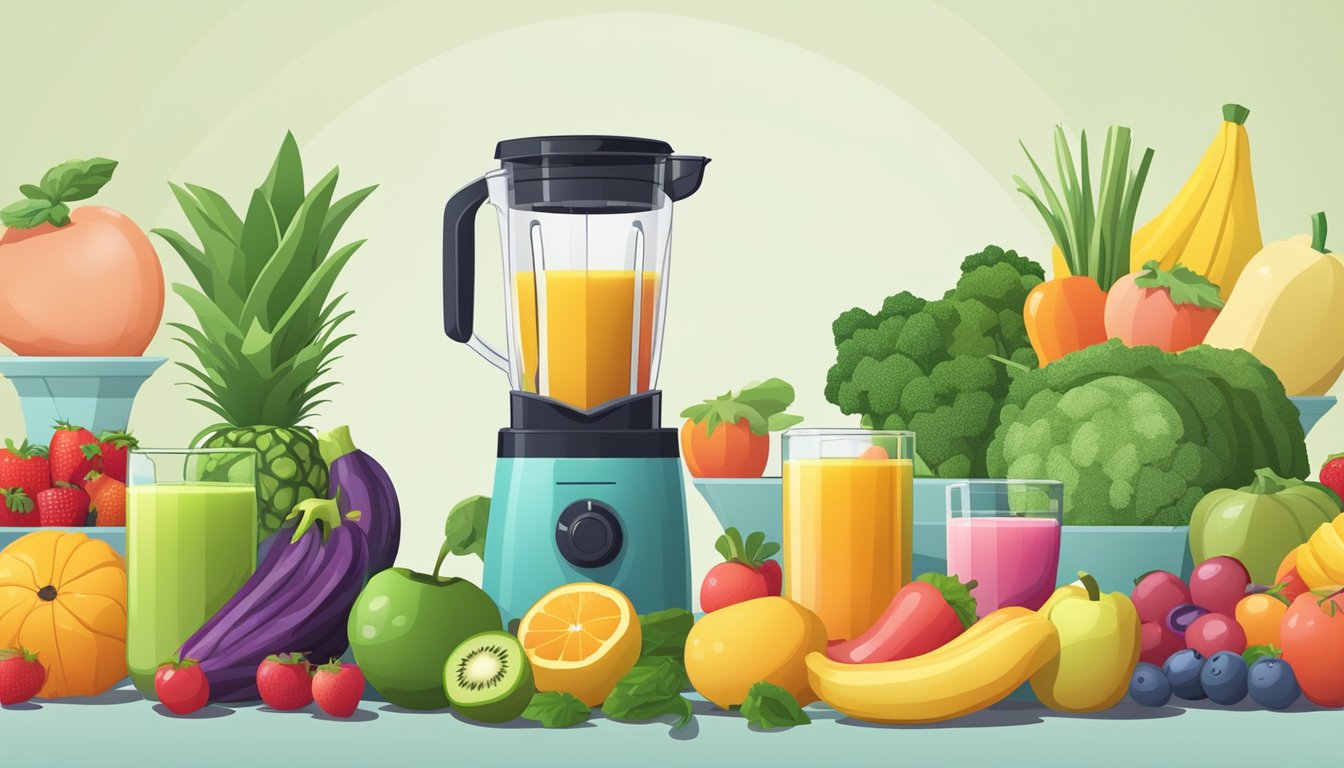 A colorful array of fresh fruits and vegetables arranged next to a blender, with a variety of containers for storing smoothies