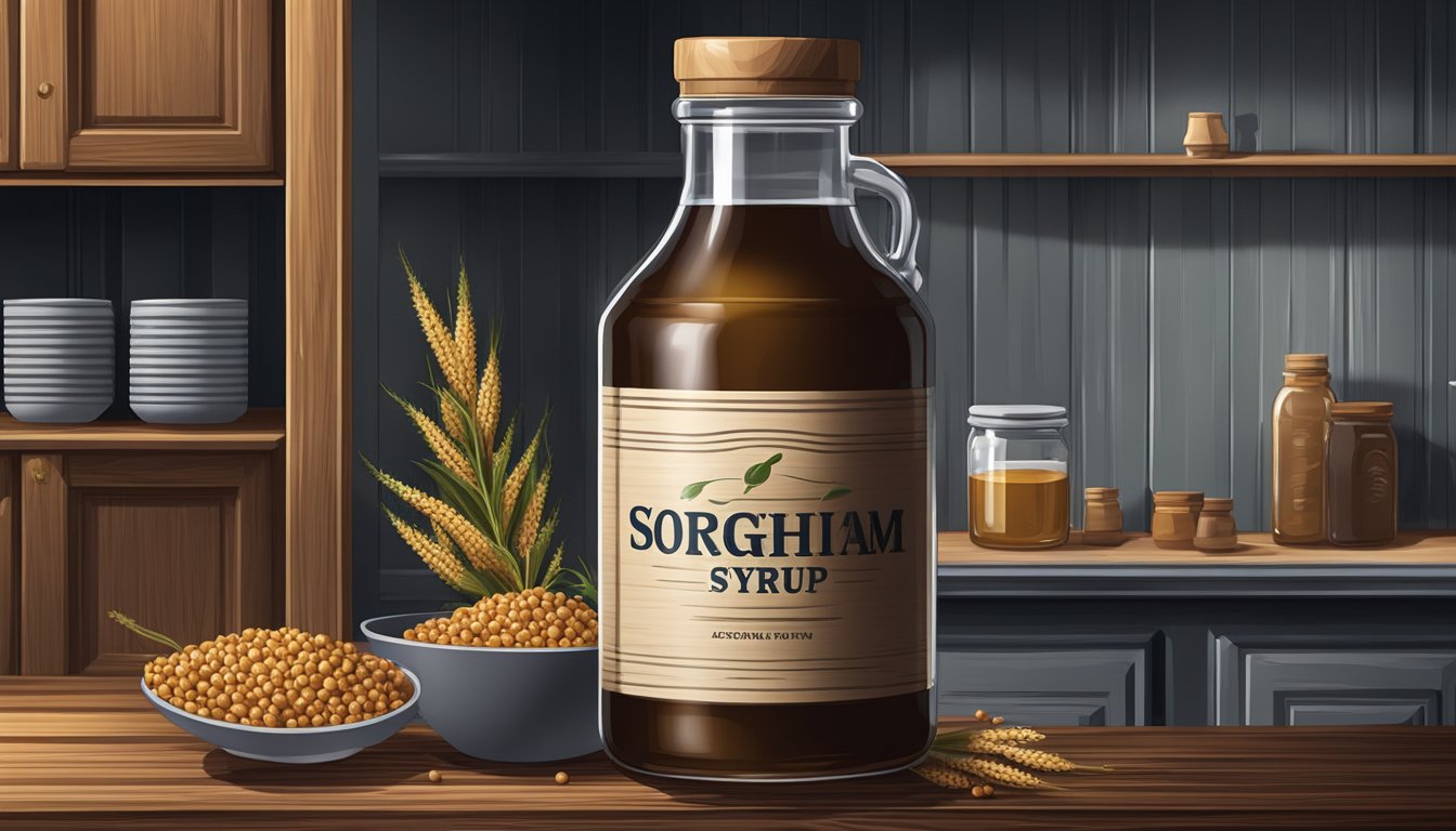 A glass jar of sorghum syrup sitting on a wooden shelf in a cool, dark pantry