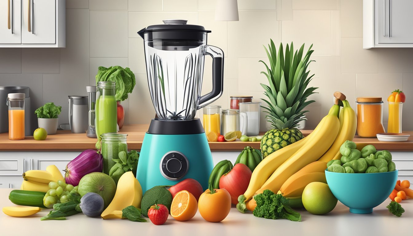 A colorful array of fresh fruits and vegetables arranged on a kitchen counter, surrounded by a blender and various containers for storing smoothies