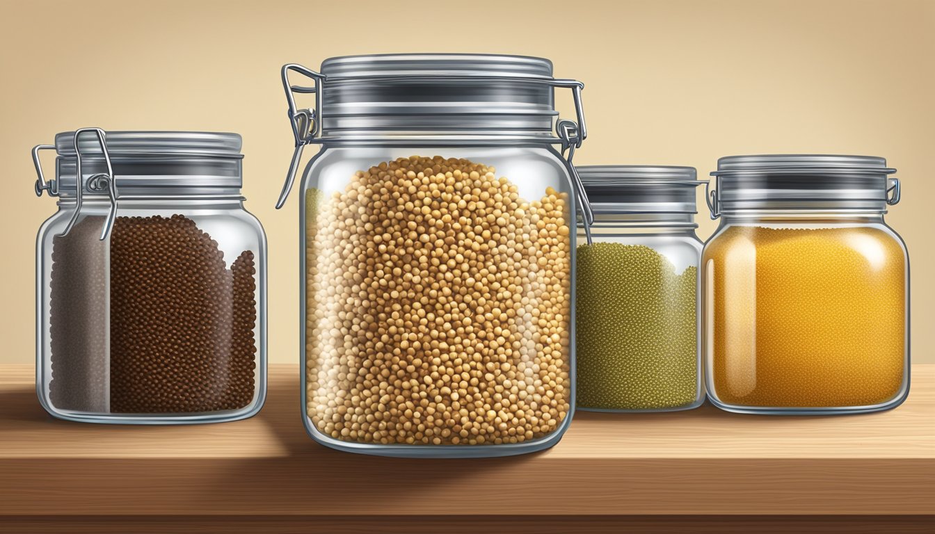 A glass jar filled with sorghum grains, sealed with a lid, sitting on a kitchen shelf