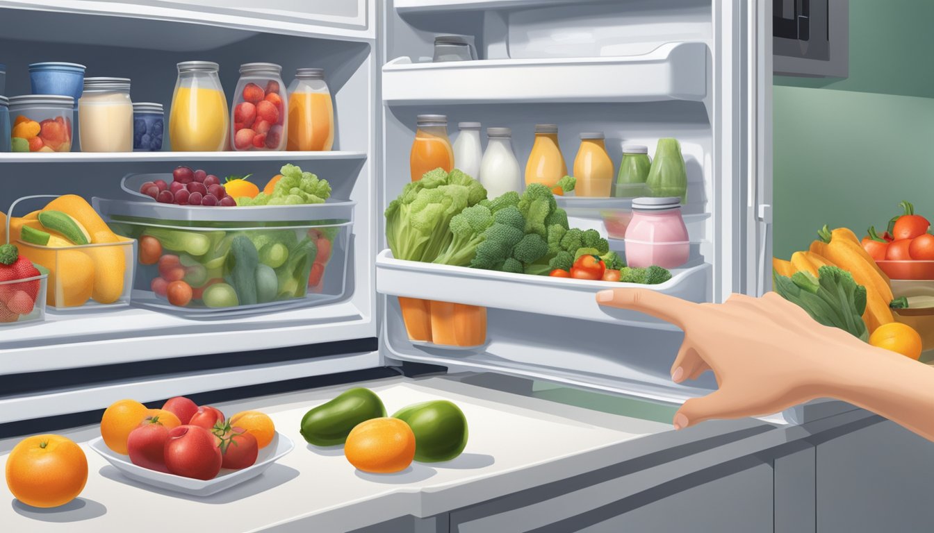 A hand reaching for a variety of fresh fruits and vegetables from a refrigerator, alongside containers of yogurt and almond milk on a kitchen counter