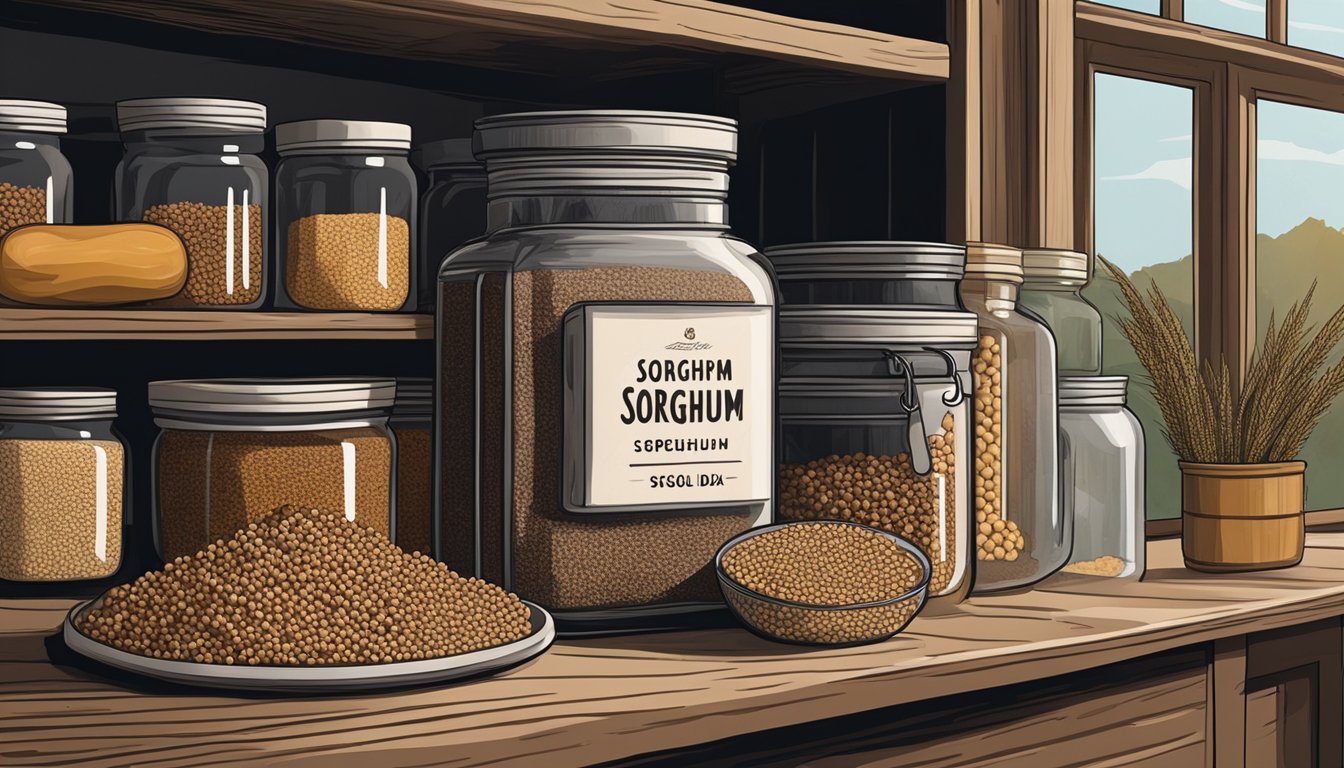 A sealed container of sorghum sits on a pantry shelf, surrounded by other dry goods. The pantry is cool and dark, ensuring the sorghum stays fresh for an extended period