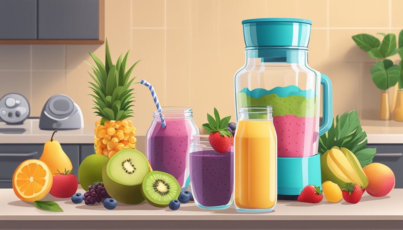 A glass jar filled with a freshly made smoothie sits on a kitchen counter next to a pile of ripe fruits and a blender