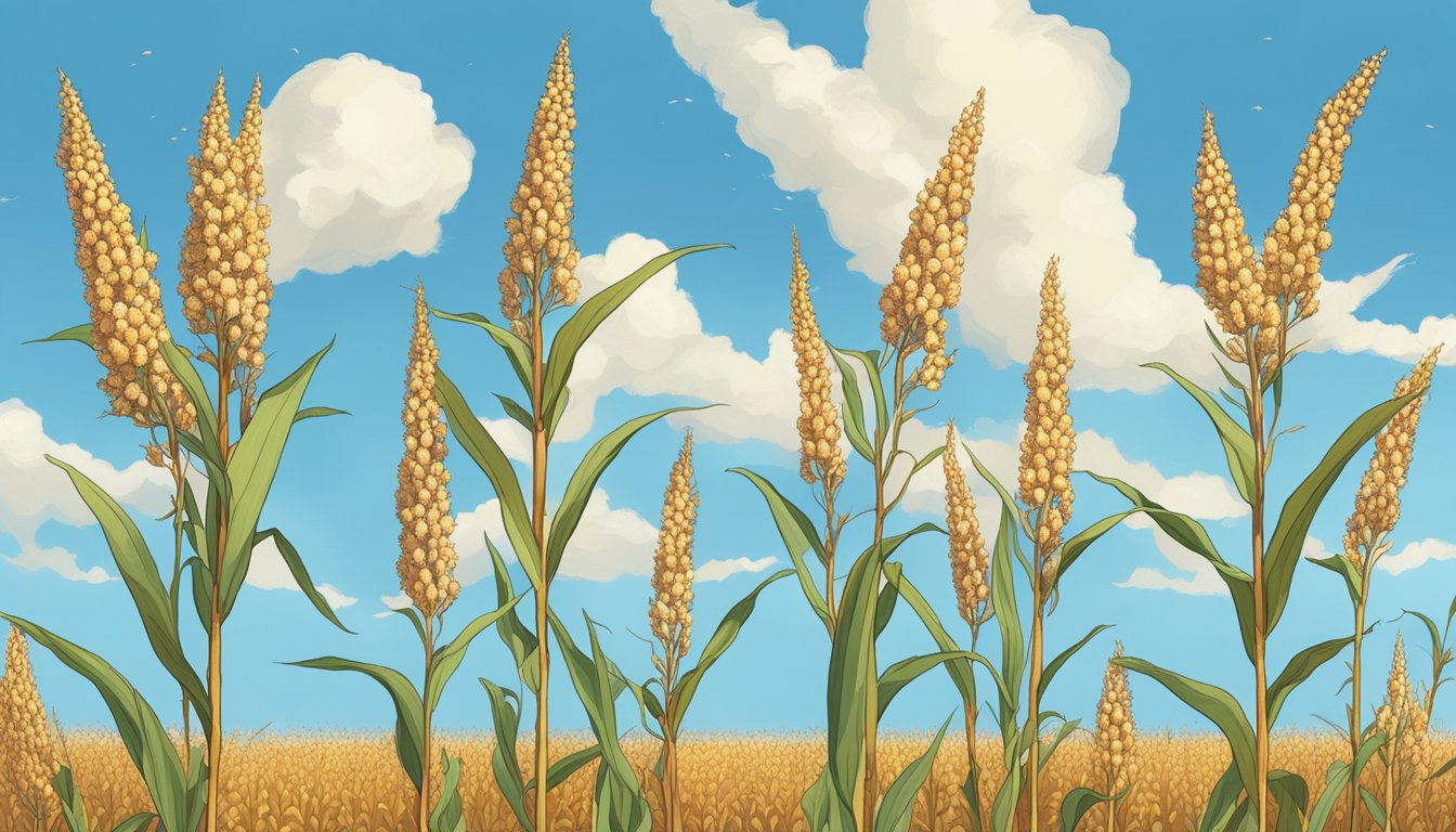 A field of mature sorghum plants stretching to the horizon under a clear blue sky, with some stalks beginning to dry and turn golden brown