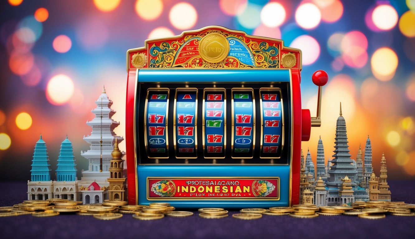 Sebuah mesin slot berwarna-warni dikelilingi oleh simbol dan landmark budaya Indonesia