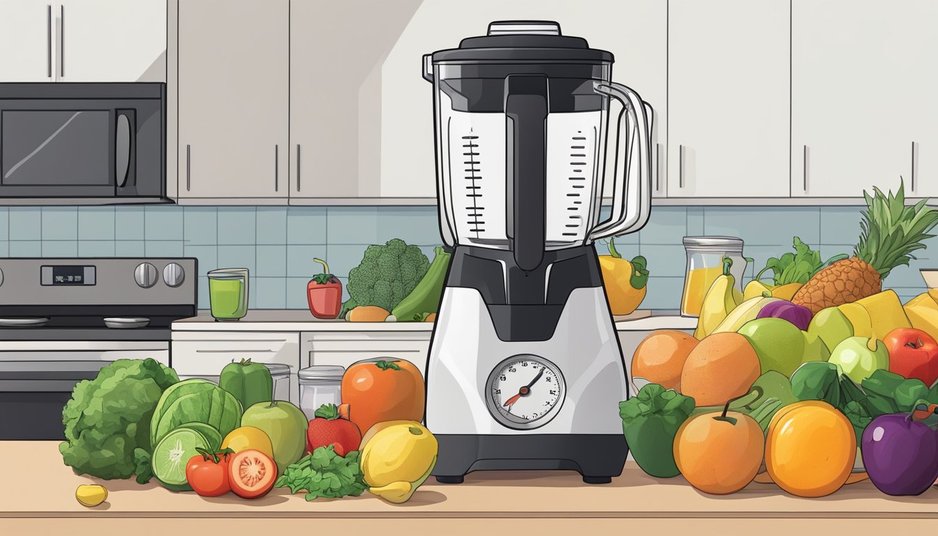 A colorful array of fresh fruits and vegetables, a blender, and a stopwatch on a kitchen counter. A partially consumed smoothie sits nearby, showing signs of spoilage