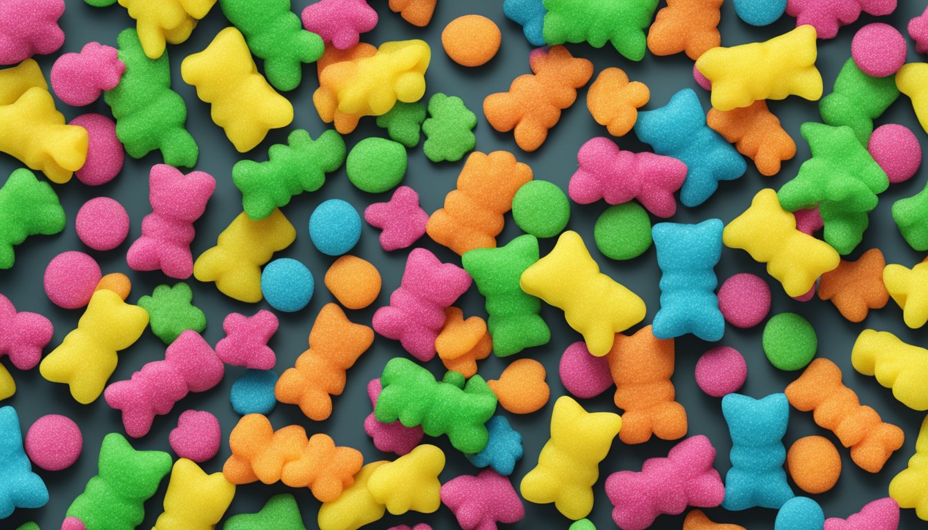 A pile of Sour Patch Kids candies scattered on a table, with a few pieces spilling out of an open bag