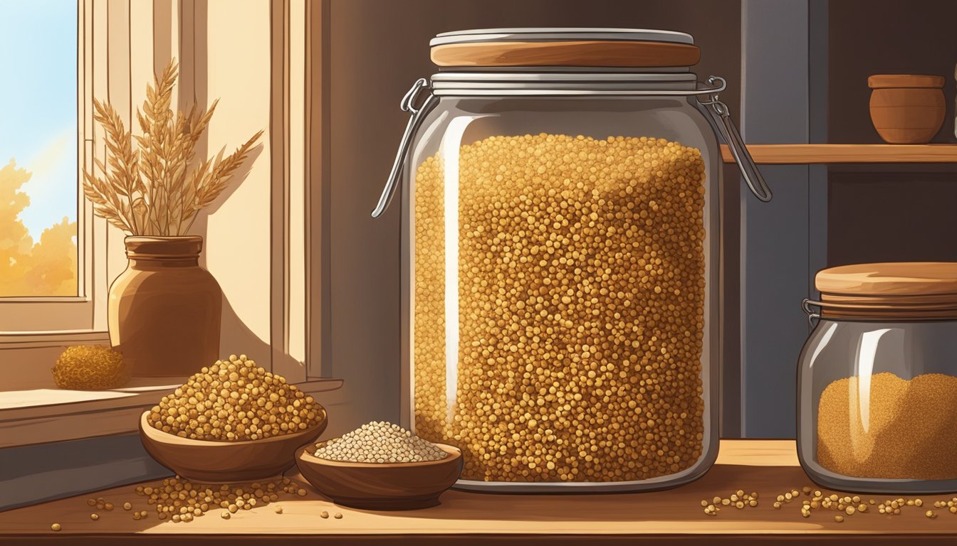 A jar of sorghum sits on a wooden shelf, surrounded by other grains and dried herbs. The warm light from a nearby window highlights its golden color