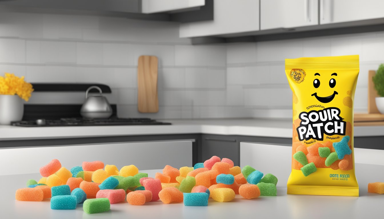 A colorful package of Sour Patch Kids sits on a kitchen counter, next to a calendar marking the expiration date