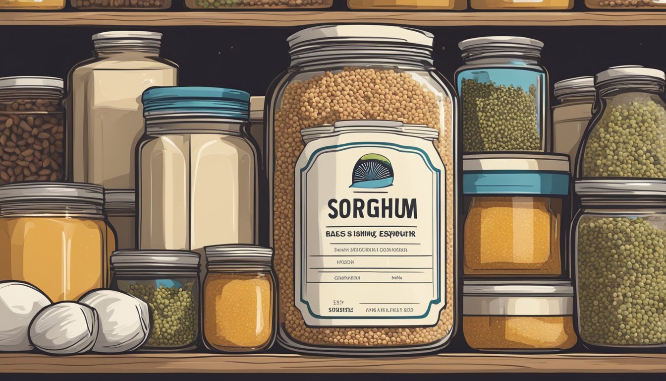 A jar of sorghum sits on a kitchen shelf, surrounded by other pantry items. The label on the jar indicates its expiration date