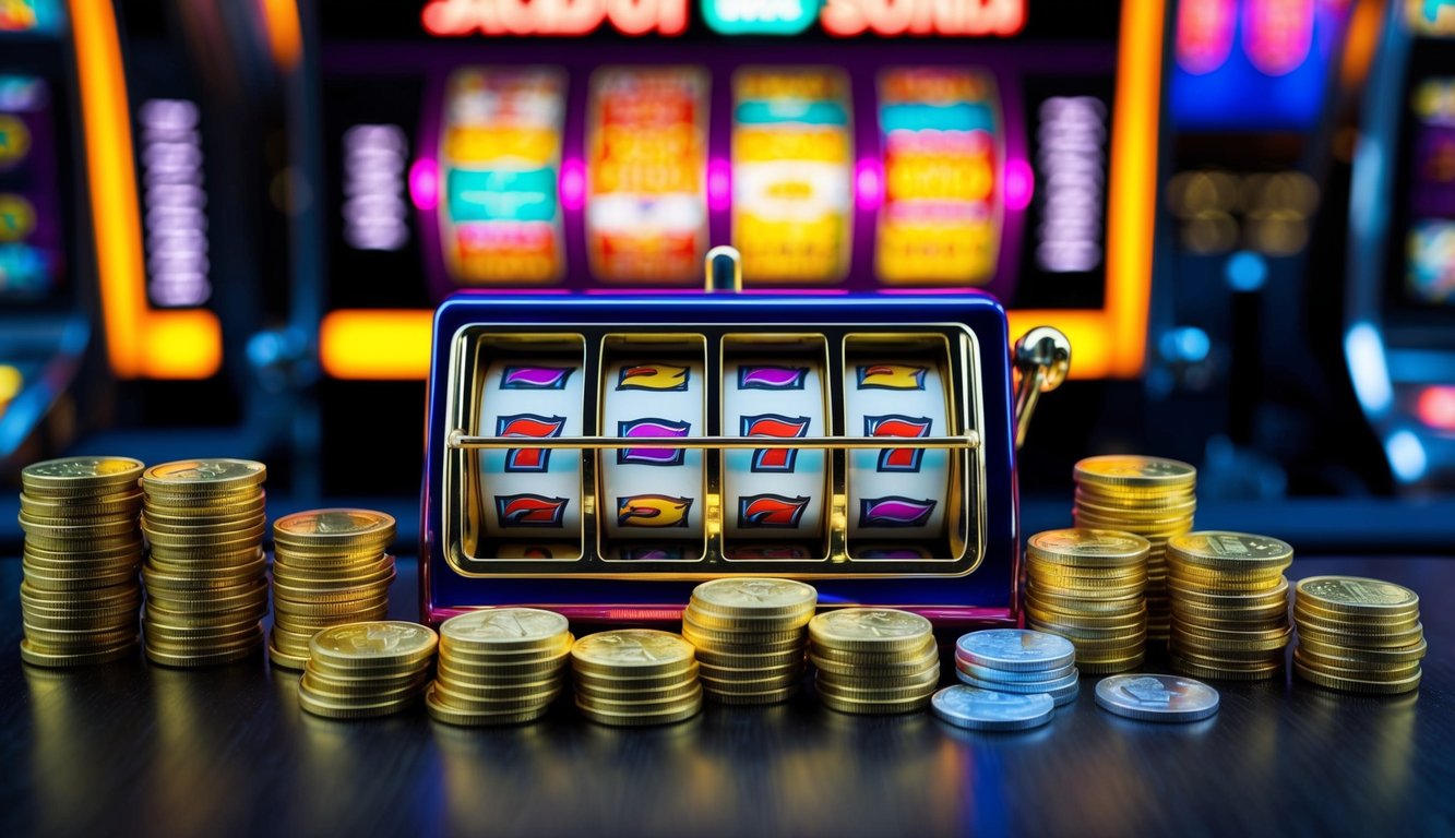 Sebuah mesin slot online berwarna-warni dengan lampu berkedip dan gulungan berputar, dikelilingi oleh tumpukan koin emas dan tampilan jackpot yang bersinar