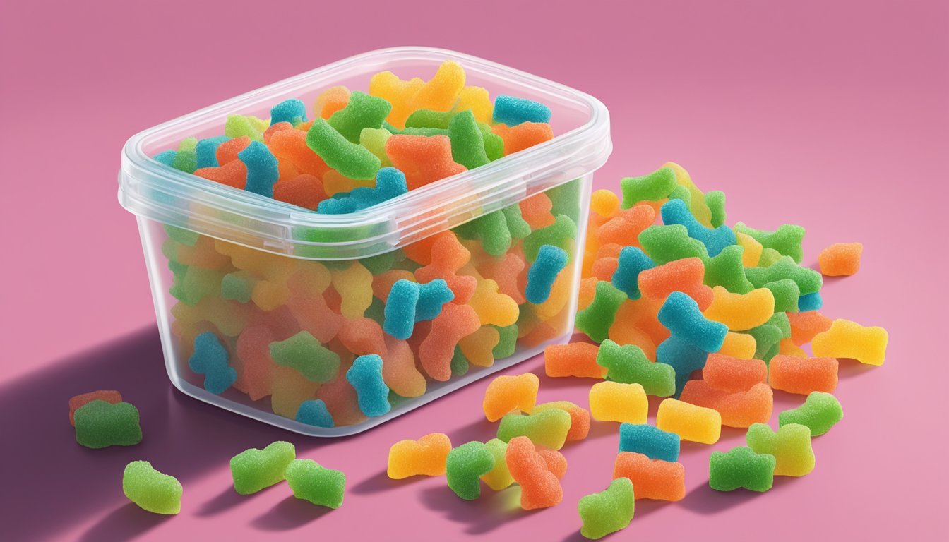 A clear, airtight container holds Sour Patch Kids