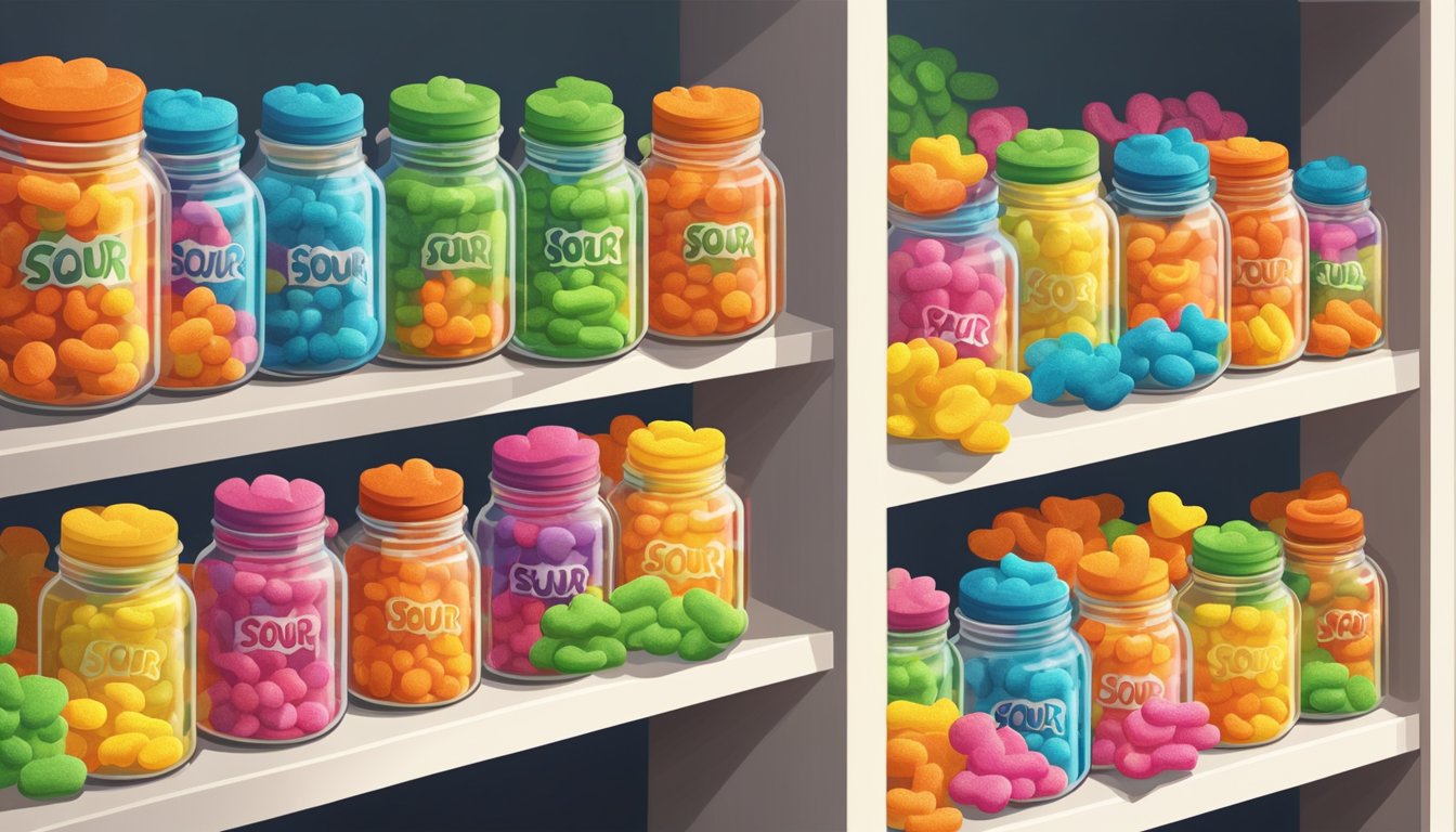 A jar filled with Sour Patch Kids sits on a shelf, untouched and surrounded by other candy. Rays of sunlight illuminate the colorful candies, casting long shadows on the shelf