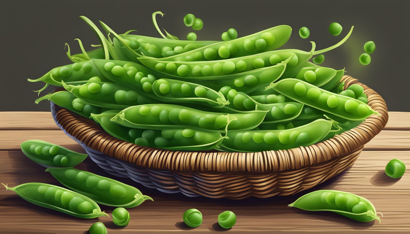 A pile of fresh snap peas spilling out of a wicker basket onto a wooden table, with a few peas rolling away on the surface