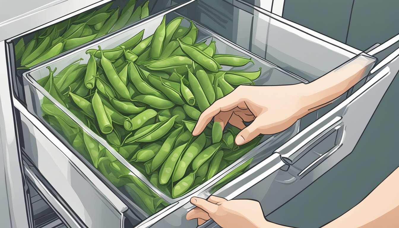 A hand reaching into a refrigerator drawer filled with fresh snap peas in a clear, airtight container