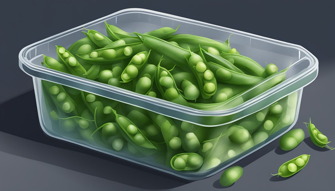 Fresh snap peas stored in a cool, dark place, sealed in a breathable container. A few peas are starting to wrinkle, while others remain plump and vibrant